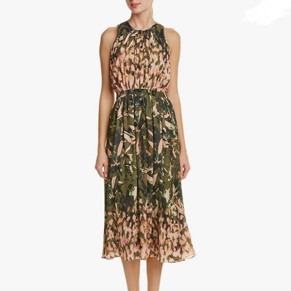 Catherine Malandrino Women's Tiki Palm print Alfie Midi pleated sleeveless Dress